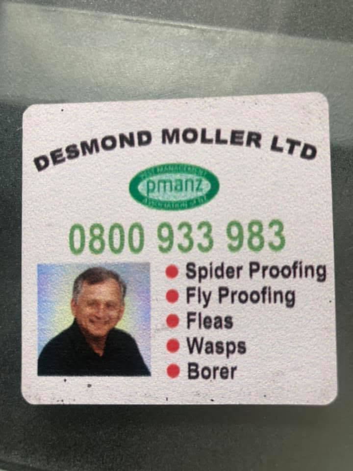 Desmond Moller Ltd business card showing services: spider proofing, fly proofing, fleas, wasps and borer